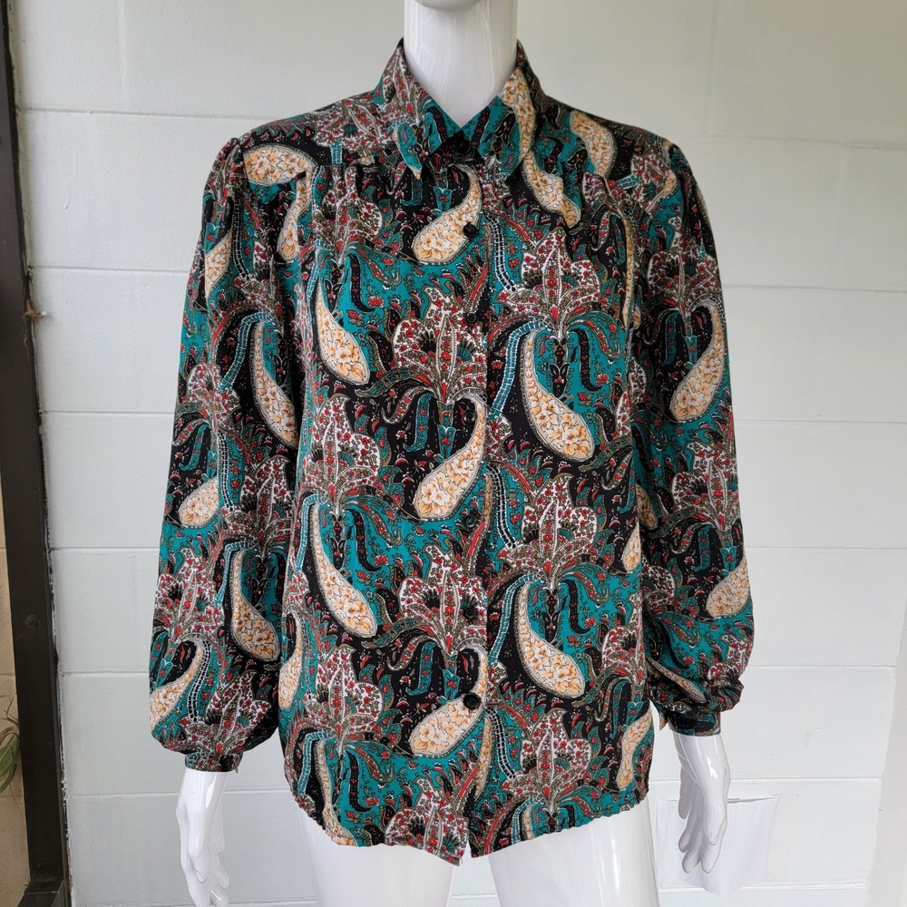 Vintage 80s D'Allaird's Paisley Blouse Teal Red Women's L Maximalist Retro Boho